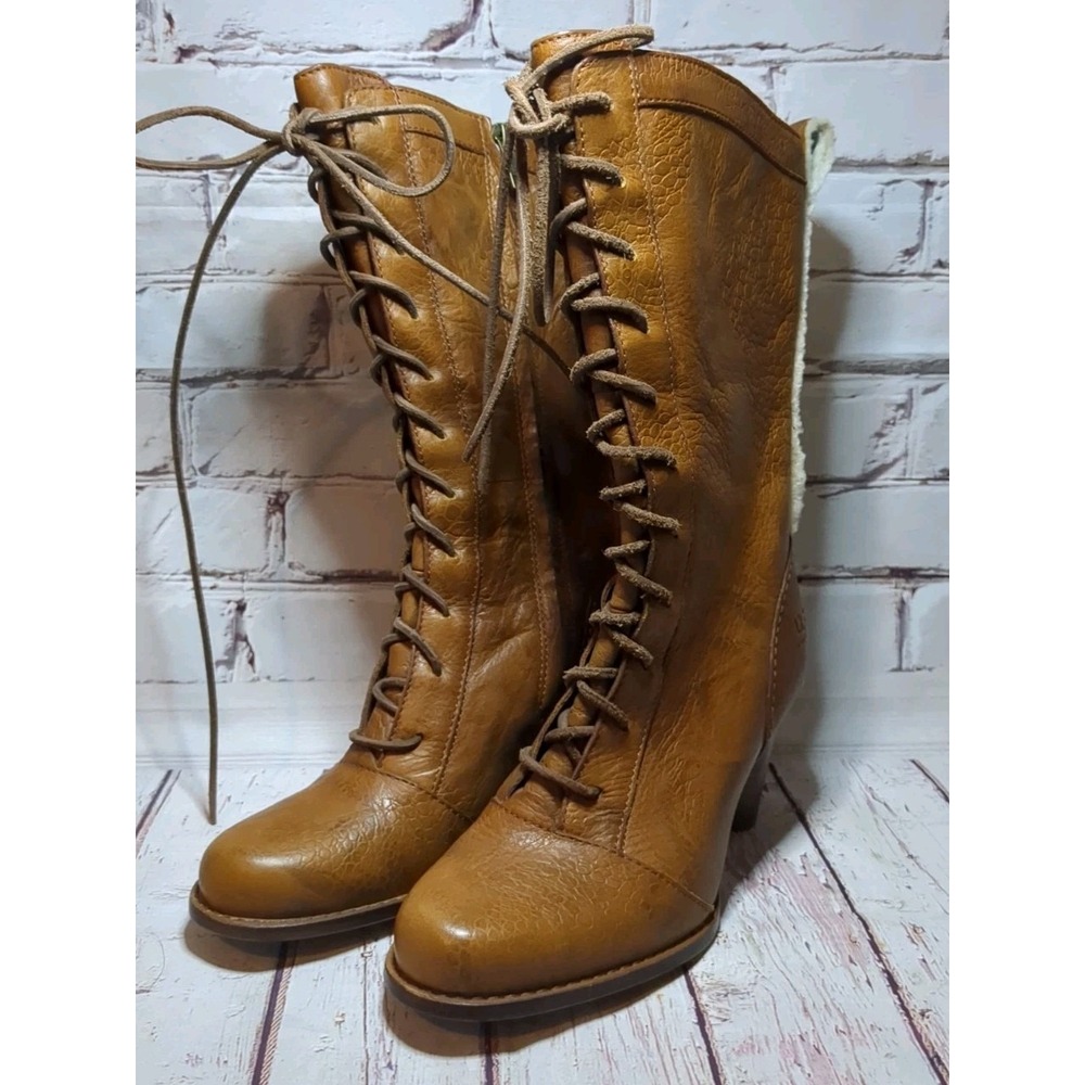 UGG Rosie Lace Up Shearling Trim Leather‎ Boot Brown Heeled Victorian US Size 6M